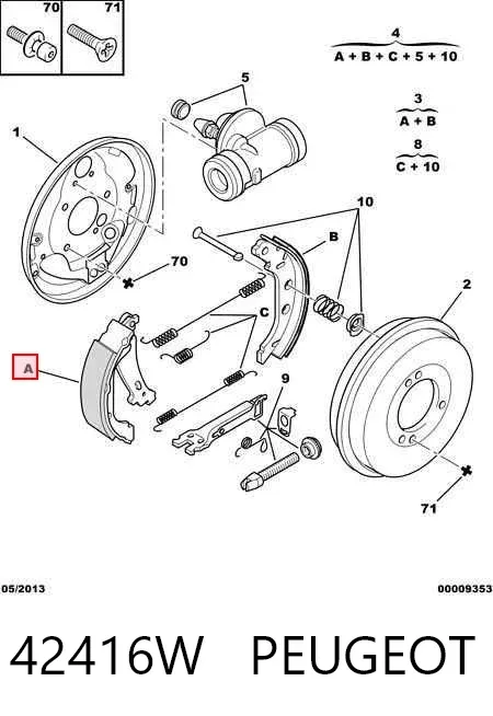 Sapatas do freio traseiras de tambor, montadas com cilindros, kit 42416W Peugeot/Citroen