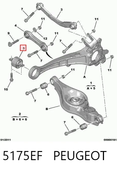 Braço oscilante (tração) longitudinal inferior direito de suspensão traseira 5175EF Peugeot/Citroen