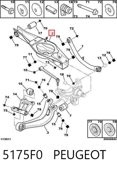 Braço oscilante inferior direito de suspensão traseira 5175F0 Peugeot/Citroen