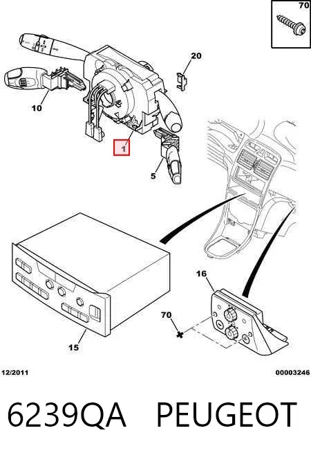 Comutador instalado na coluna da direção, montado 6239QA Peugeot/Citroen