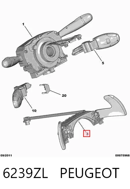 Mecanismo de mudança instalado na coluna da direção 6239ZL Peugeot/Citroen