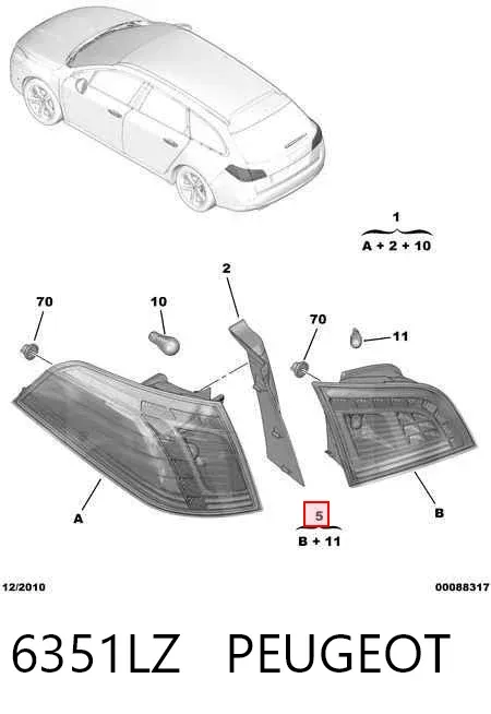 Lanterna traseira direita interna 6351LZ Peugeot/Citroen