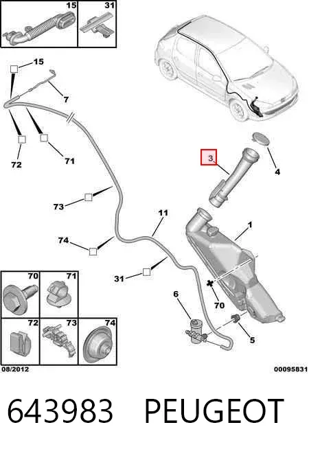 Gargalo do tanque de fluido para lavador 643983 Peugeot/Citroen