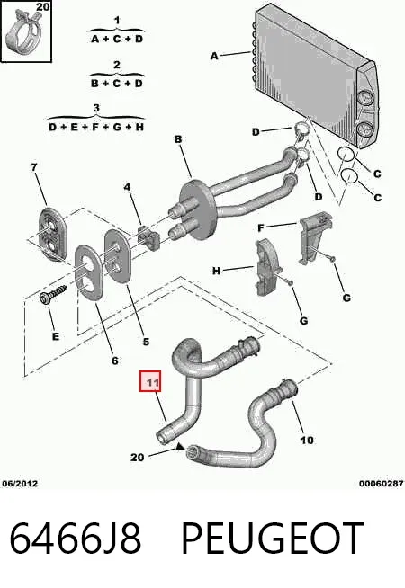 Mangueira do radiador de aquecedor (de forno), fornecimento 6466J8 Peugeot/Citroen