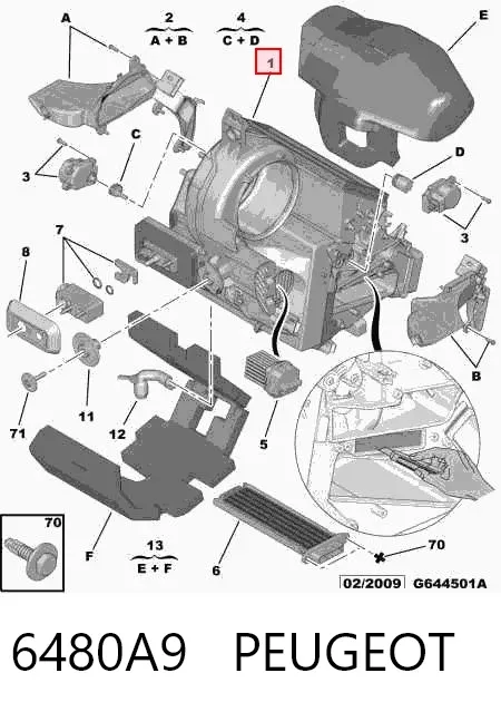 Caixa do radiador de aparelho de ar condicionado (vaporizador do salão) 6480A9 Peugeot/Citroen