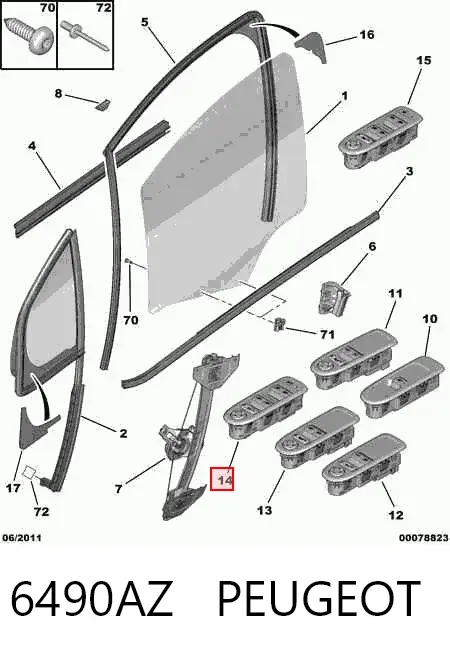 Unidade de botões dianteira esquerda de controlo de elevador de vidro 6490AZ Peugeot/Citroen