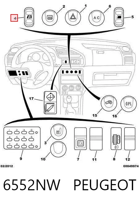 Botão dianteiro esquerdo de ativação de motor de acionamento de vidro 6552NW Peugeot/Citroen