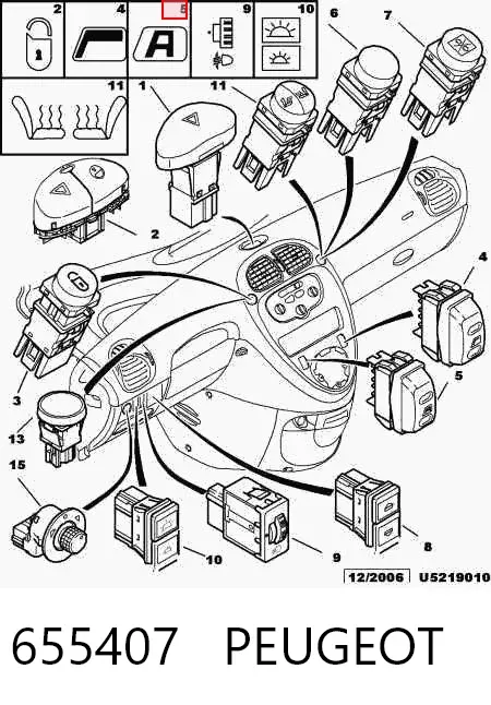 Botão dianteiro esquerdo de ativação de motor de acionamento de vidro 655407 Peugeot/Citroen
