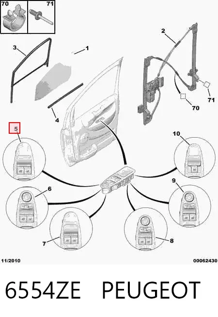 Unidade de botões dianteira esquerda de controlo de elevador de vidro 6554ZE Peugeot/Citroen