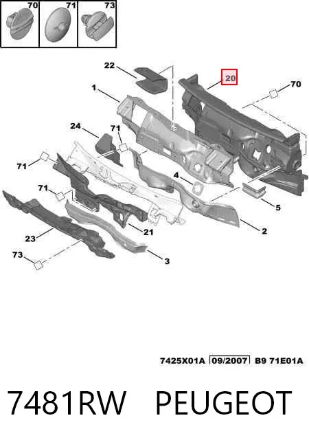 Isolamento contra o ruído do painel de motores 7481RW Peugeot/Citroen