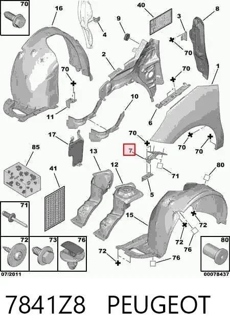 Consola dianteira de fixação do pára-lama dianteiro direito 7841Z8 Peugeot/Citroen