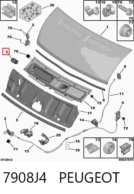 Pára-choque (grade de proteção) da capota 7908J4 Peugeot/Citroen