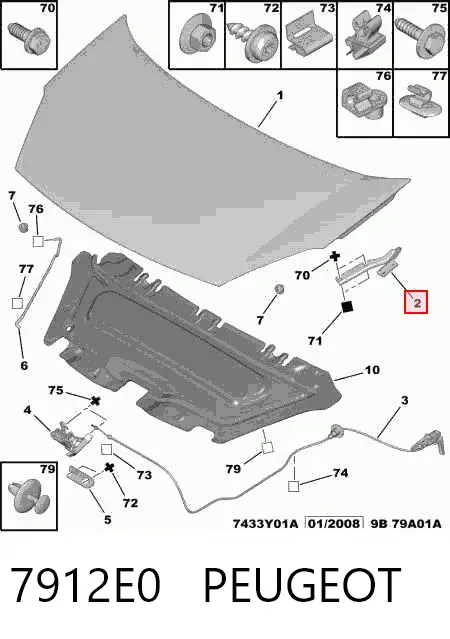 Gozno da capota esquerdo 7912E0 Peugeot/Citroen