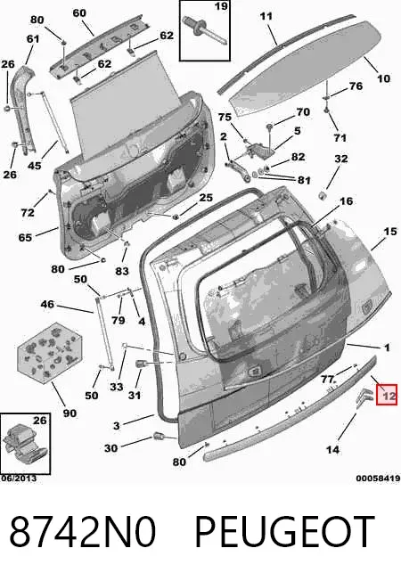 Moldura da porta traseira (de 3º/5º bagageiro) 8742N0 Peugeot/Citroen