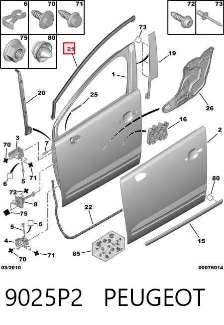 Moldura da porta dianteira direita superior 9025P2 Peugeot/Citroen