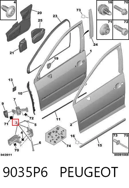Gozno da porta dianteira esquerda 9035P6 Peugeot/Citroen