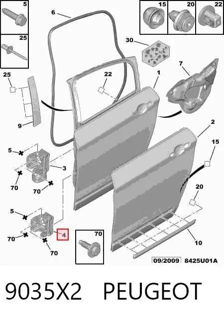 Gozno da porta dianteira direita 9035X2 Peugeot/Citroen
