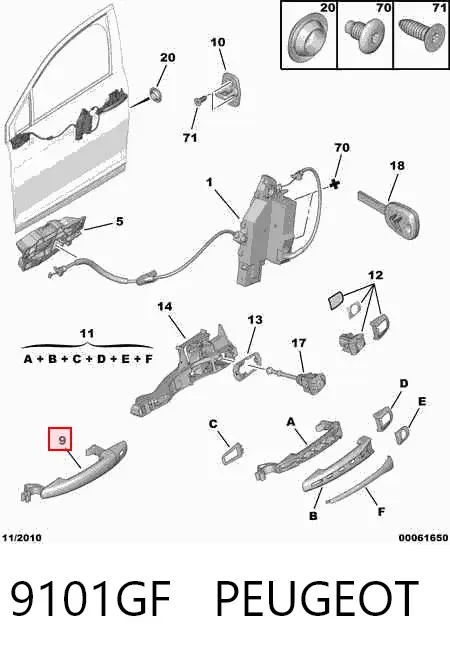 Maçaneta externa dianteira/traseira da porta esquerda 9101GF Peugeot/Citroen