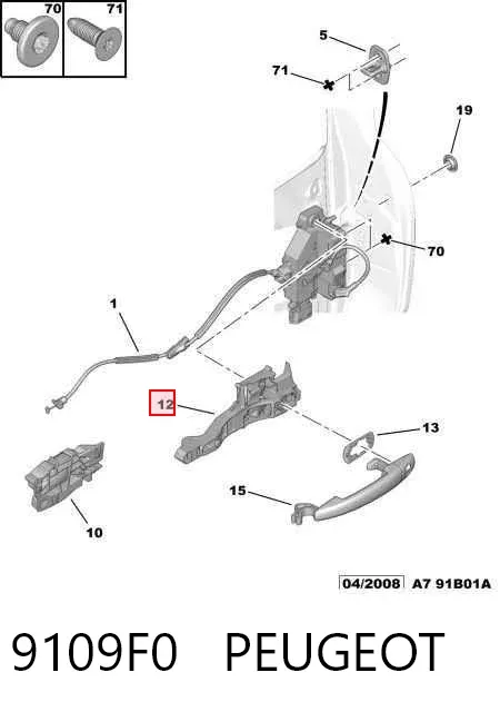 Suporte de maçaneta externa da porta traseira esquerda 9109F0 Peugeot/Citroen