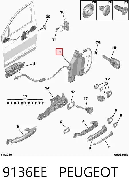 Fecho da porta dianteira direita 9136EE Peugeot/Citroen