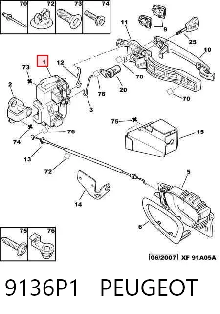 Fecho da porta dianteira direita 9136P1 Peugeot/Citroen