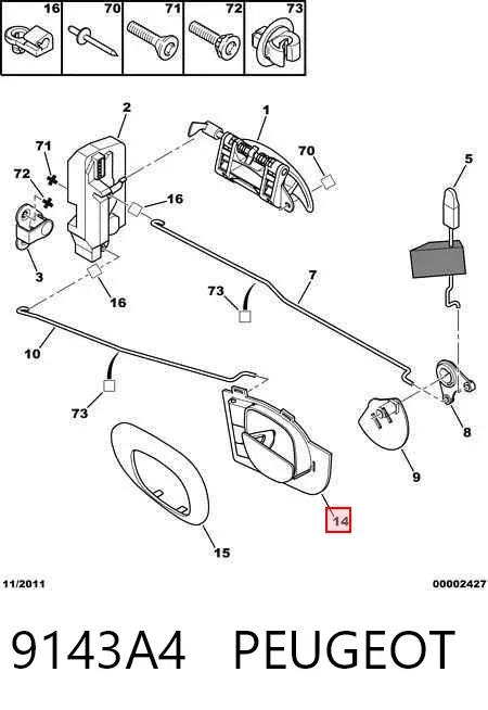 Maçaneta interna dianteira/traseira da porta esquerda 9143A4 Peugeot/Citroen