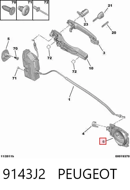 Maçaneta interna dianteira/traseira da porta esquerda 9143J2 Peugeot/Citroen