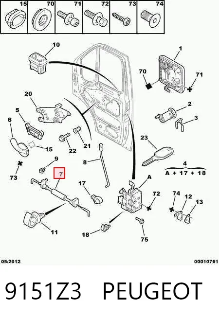 Cabo (pedal) de abertura do fecho da porta dianteira direita 9151Z3 Peugeot/Citroen