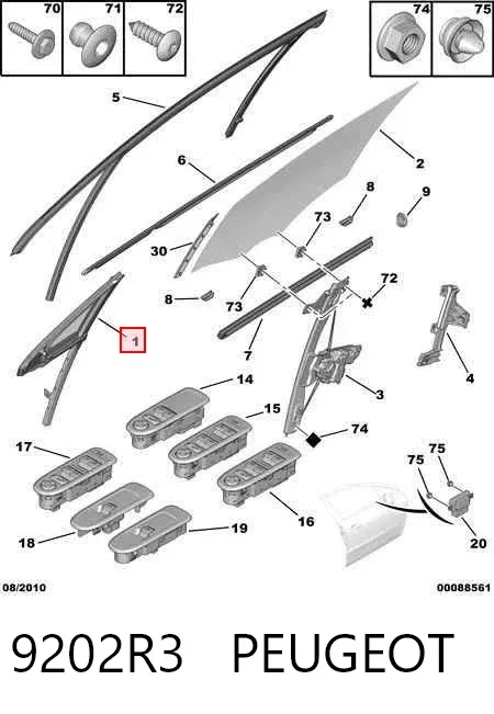 Vidro de janelo da porta dianteira direita 9202R3 Peugeot/Citroen