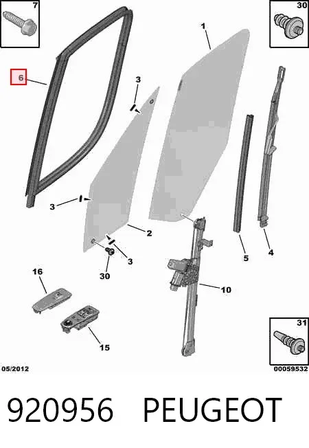 Compactador externo de vidro da porta dianteira direita (chapa) 920956 Peugeot/Citroen