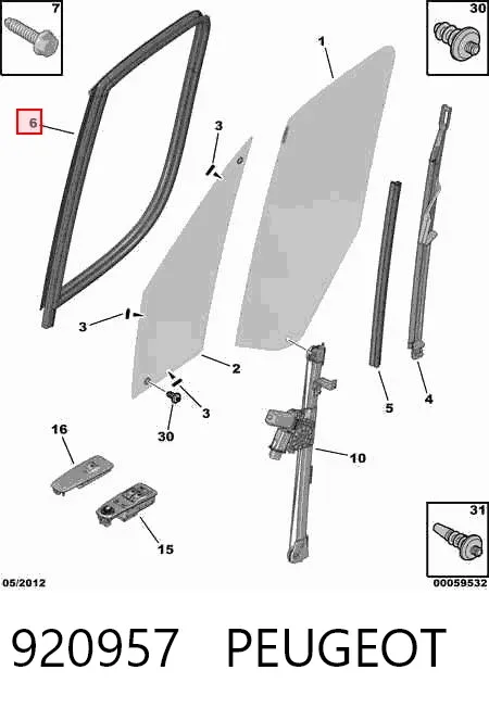 Compactador externo de vidro da porta dianteira esquerda (chapa) 920957 Peugeot/Citroen