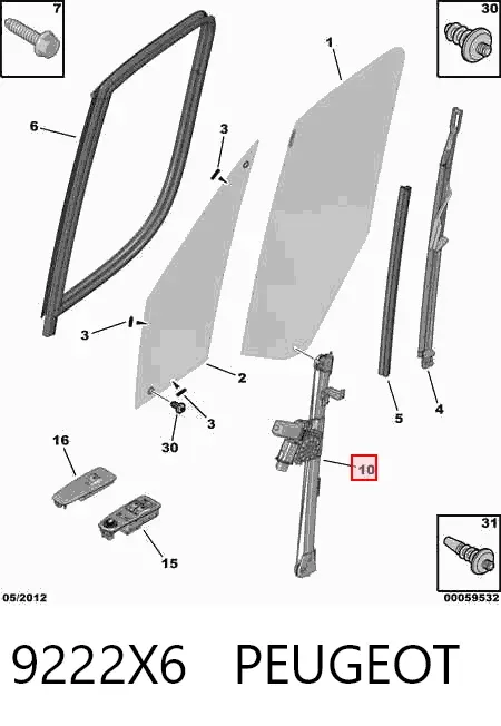 Mecanismo de acionamento de vidro da porta dianteira direita 9222X6 Peugeot/Citroen