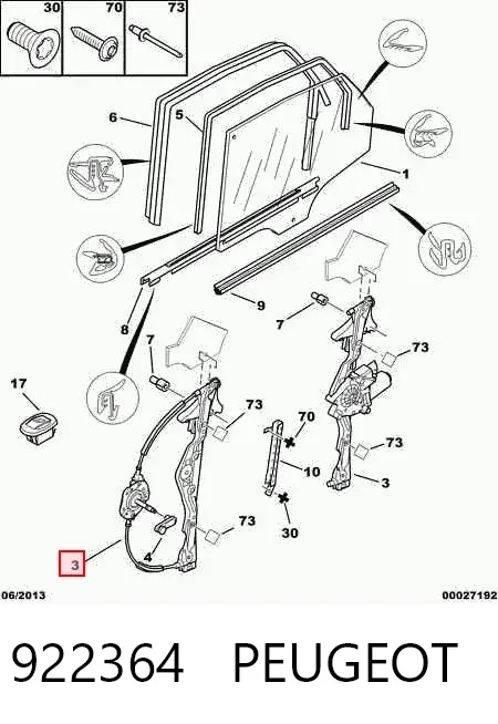 Mecanismo de acionamento de vidro da porta traseira esquerda 922364 Peugeot/Citroen