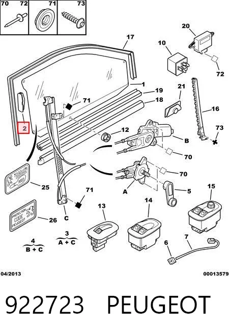 Guia de vidro de quadro da porta dianteira esquerda 922723 Peugeot/Citroen