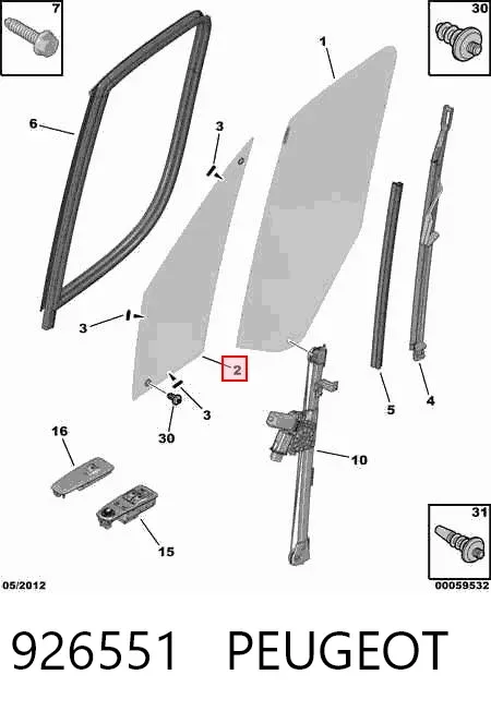 Vidro de janelo da porta dianteira direita 926551 Peugeot/Citroen