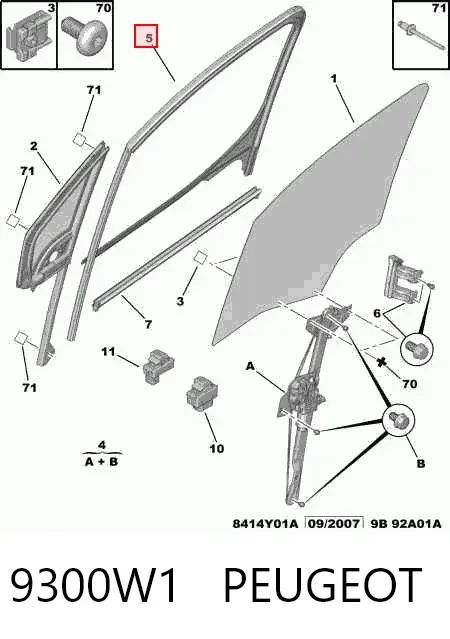 Guia de vidro de quadro da porta dianteira direita 9300W1 Peugeot/Citroen