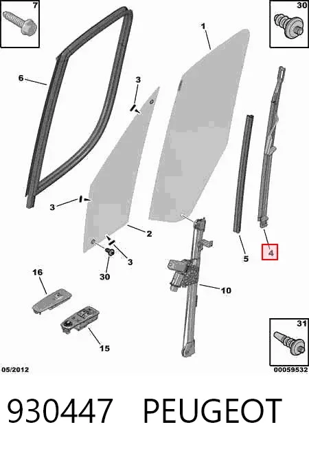 Guia de vidro de quadro da porta dianteira direita 930447 Peugeot/Citroen