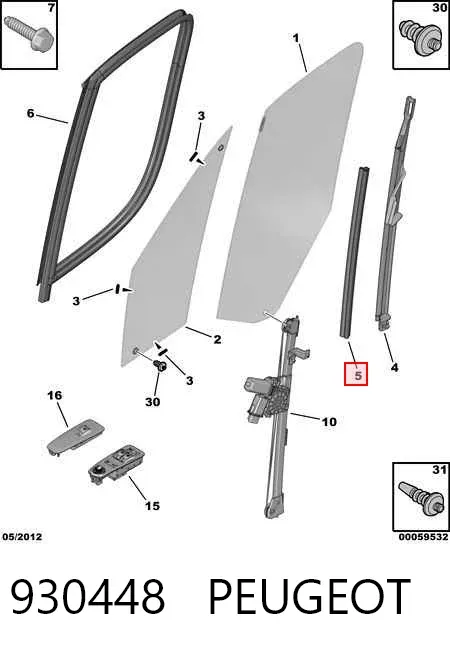 Guia de vidro de quadro da porta dianteira esquerda 930448 Peugeot/Citroen
