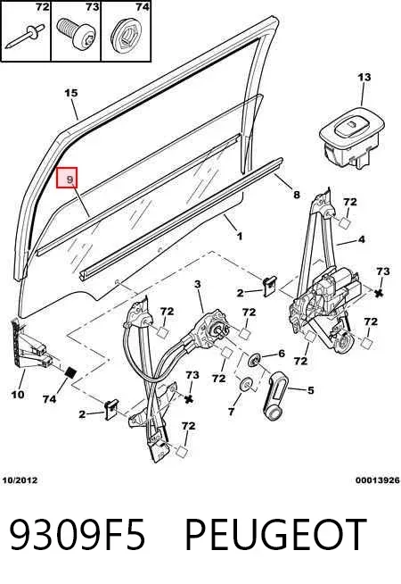 Compactador externo de vidro da porta traseira esquerda (chapa) 9309F5 Peugeot/Citroen