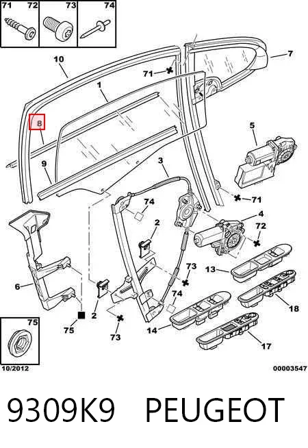 Compactador externo de vidro da porta dianteira esquerda (chapa) 9309K9 Peugeot/Citroen