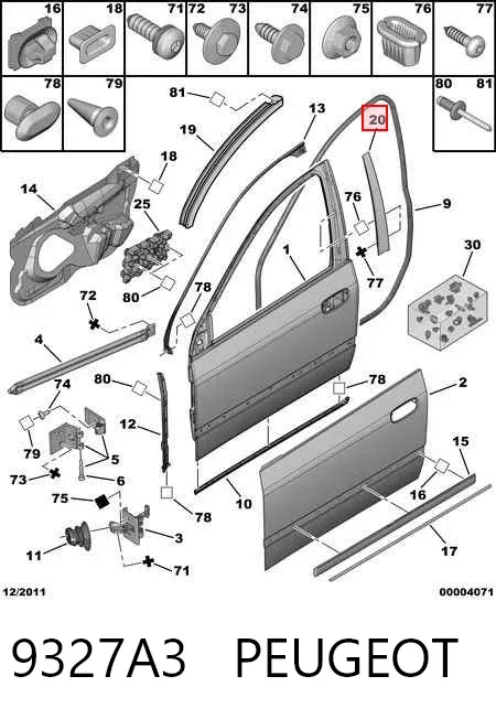 Placa sobreposta vertical da porta dianteira direita 9327A3 Peugeot/Citroen