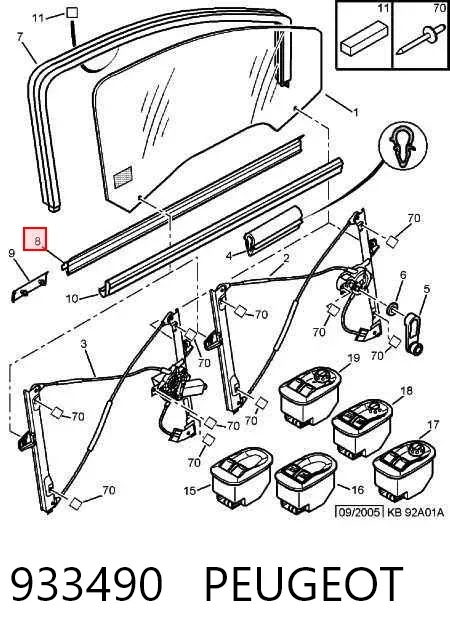 Compactador externo de vidro da porta dianteira direita (chapa) 933490 Peugeot/Citroen