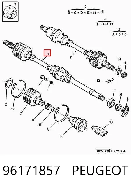 Semieixo (acionador) dianteiro direito 96171857 Peugeot/Citroen