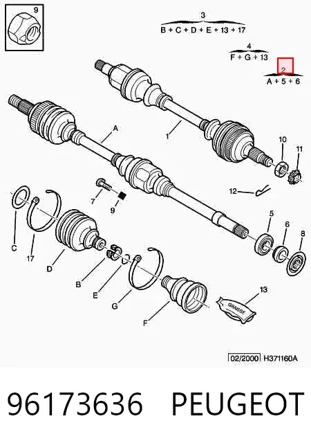 Semieixo (acionador) dianteiro direito 96173636 Peugeot/Citroen