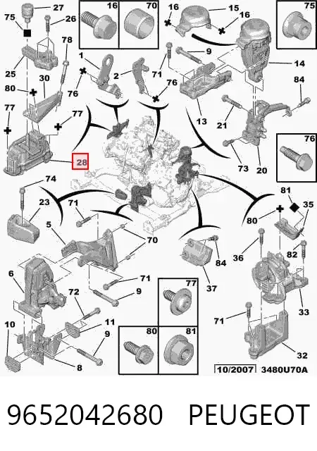 Coxim (suporte) direito de motor 9652042680 Peugeot/Citroen