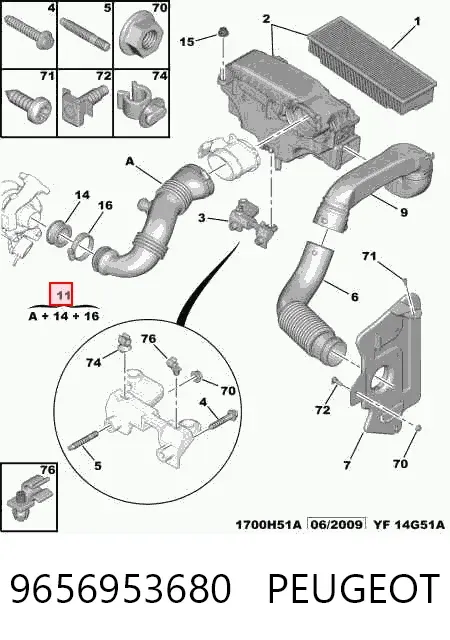 Cano derivado de ar, saída de filtro de ar 9656953680 Peugeot/Citroen