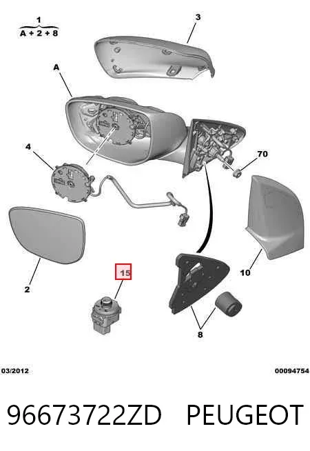 Unidade de controlo dos espelhos de retrovisão, na porta 96673722ZD Peugeot/Citroen