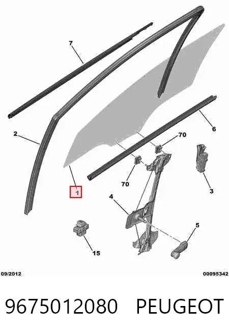 Vidro da porta dianteira direita 9675012080 Peugeot/Citroen