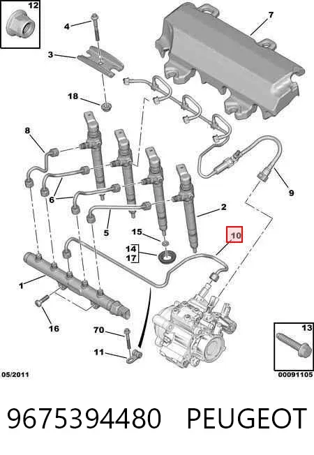 Tubo de combustível, desde a Bomba de Combustível de Pressão Alta até a sonda de combustível 9675394480 Peugeot/Citroen