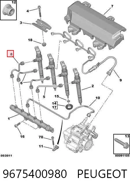 Tubo de combustível do injetor de 1º cilindro 9675400980 Peugeot/Citroen